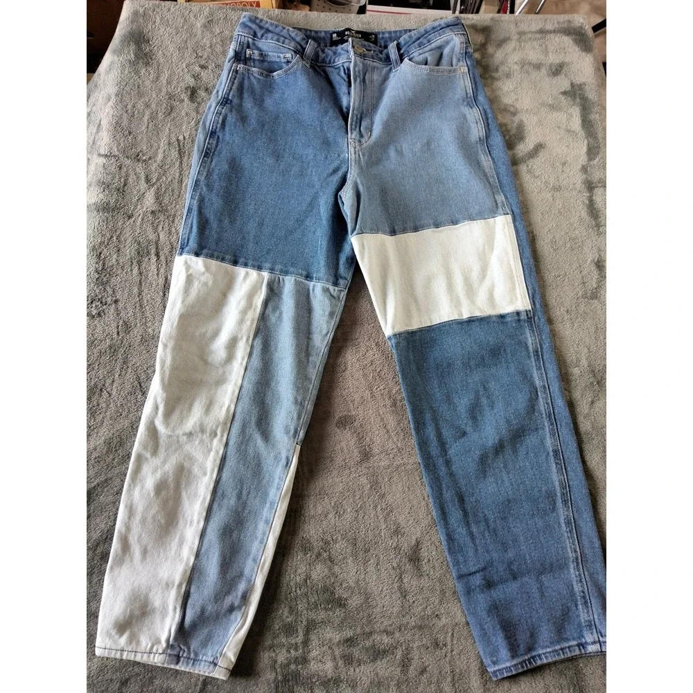 Hollister Ultra High-Rise Mom Jeans 9R W29 Patchwork Colorblock Blue White Denim